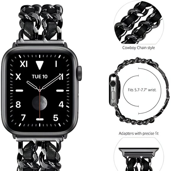 Apple Watch Band Luxury Adjustable Stylish Strap Silver Stainless Chain Black - Picture 6 of 7